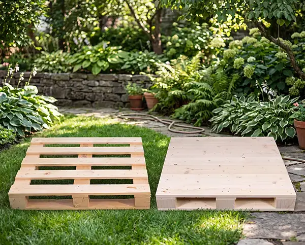 Pallet in legno a 4 vie in giardino versione normale e piallata